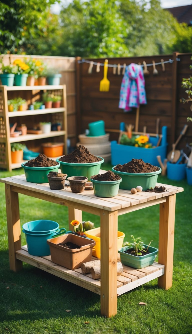A backyard with a wooden table, shelves, and various containers filled with mud, surrounded by children's gardening tools and natural materials