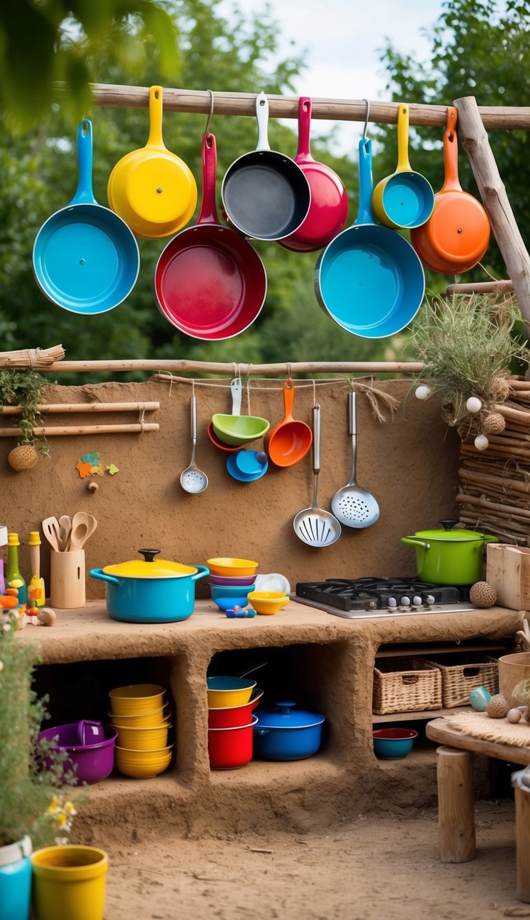 Colorful pots and pans hang above a rustic outdoor mud kitchen, surrounded by natural materials and playful DIY elements