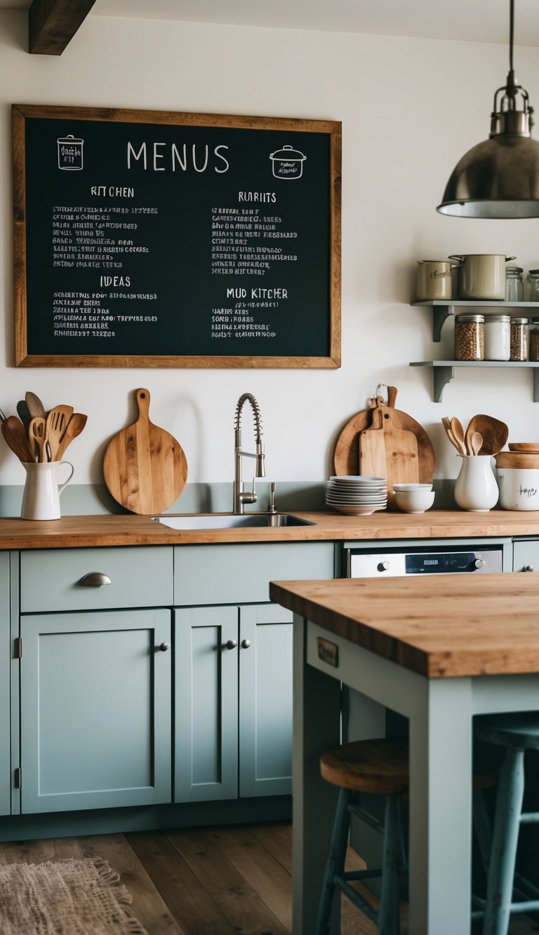 A rustic kitchen with a chalkboard for menus and various DIY mud kitchen ideas