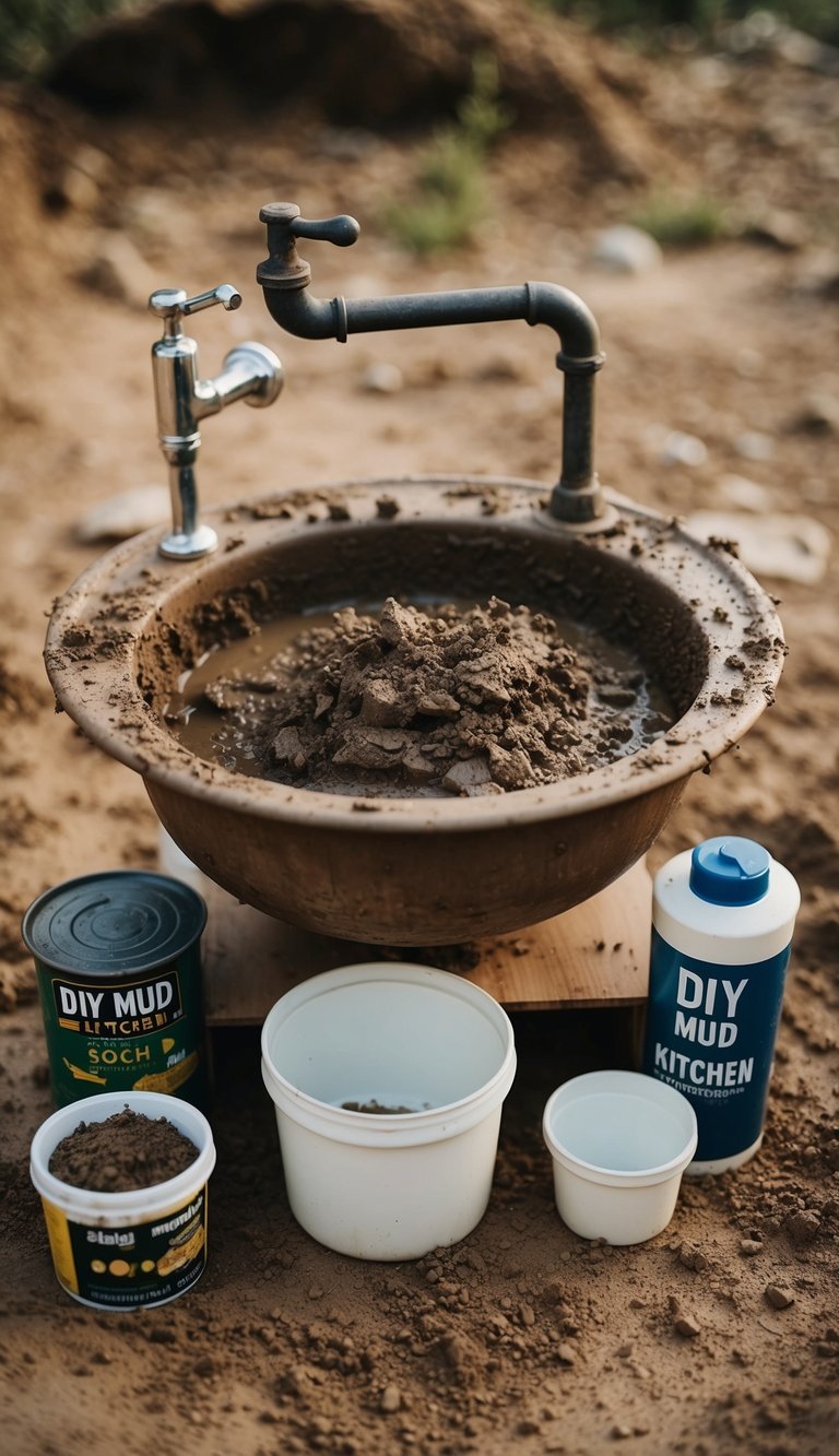 An old sink sits outdoors, filled with mud and surrounded by DIY mud kitchen supplies