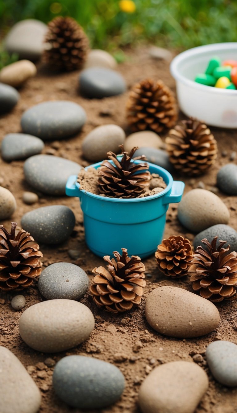 Stones and pinecones scattered around a makeshift mud kitchen, serving as play food ingredients