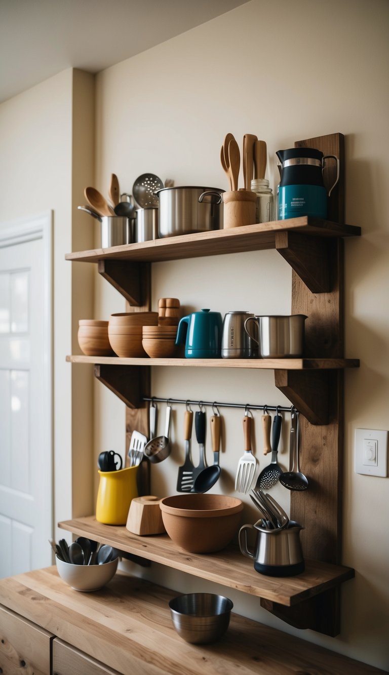 A wooden shelf mounted on a wall, holding various utensils and tools for a DIY mud kitchen
