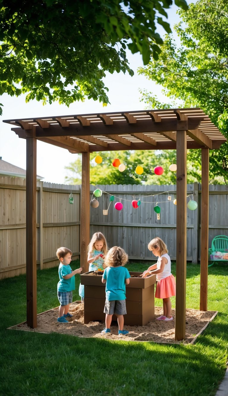 A small pergola stands in a backyard, providing shade for children playing in a DIY mud kitchen