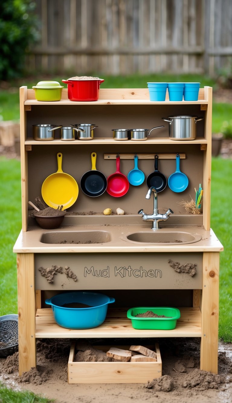 A child-sized mud kitchen with wooden countertops, shelves for pots and pans, a water source, and natural materials for mud play