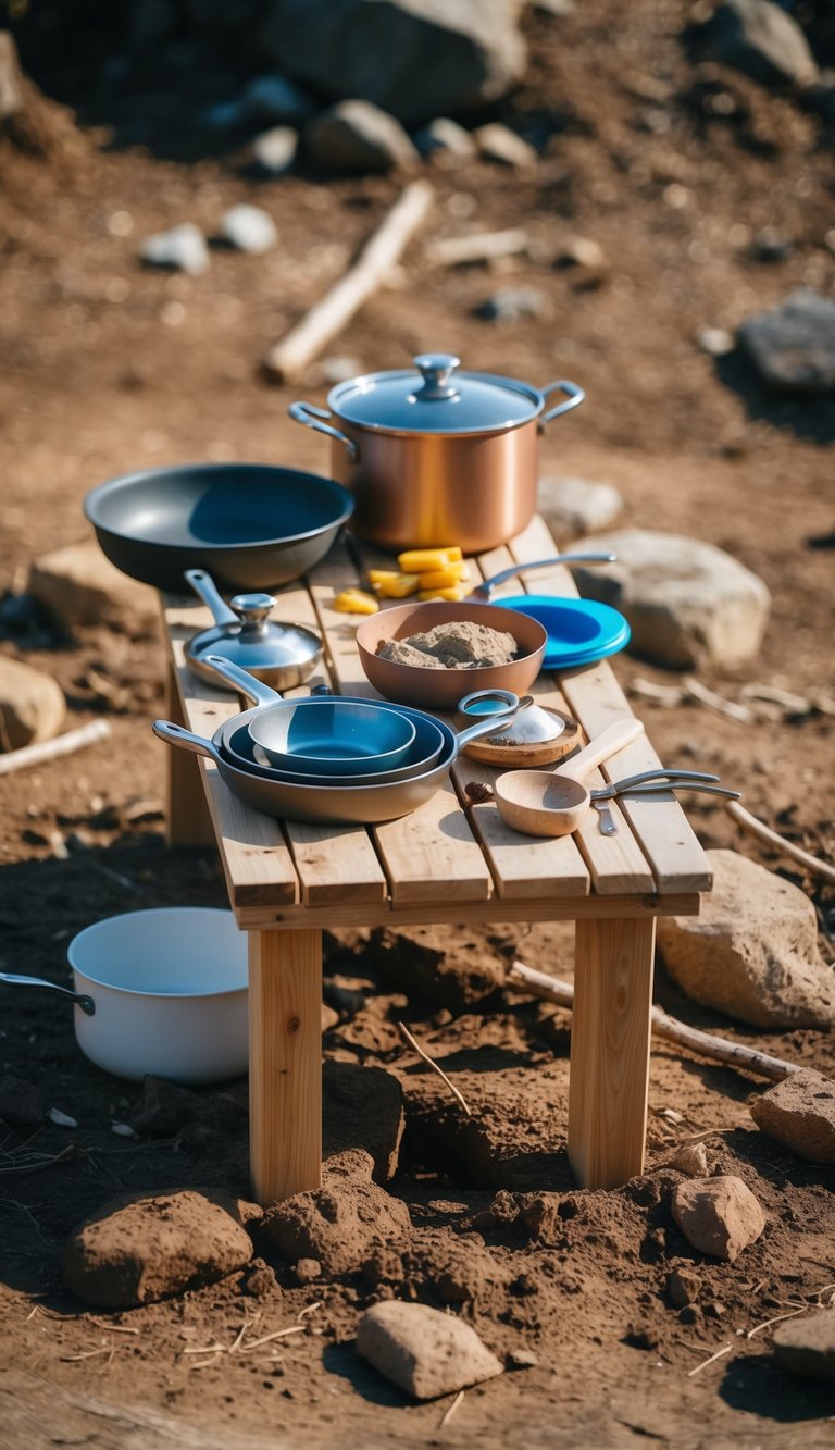 A wooden table with pots, pans, and utensils, surrounded by natural materials like rocks, sticks, and mud. A small outdoor space with DIY mud kitchen ideas