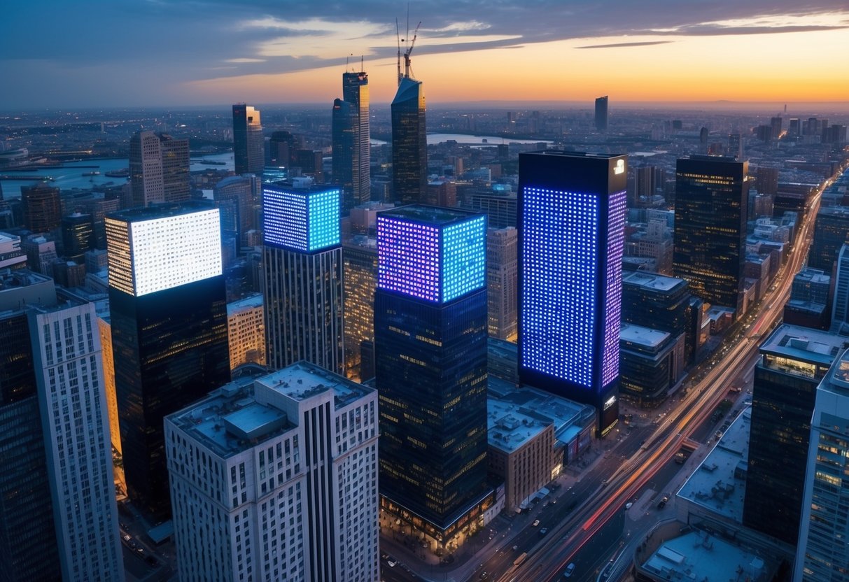 A dynamic cityscape with LED displays seamlessly blending into the urban environment, showcasing the shift from traditional LED panels