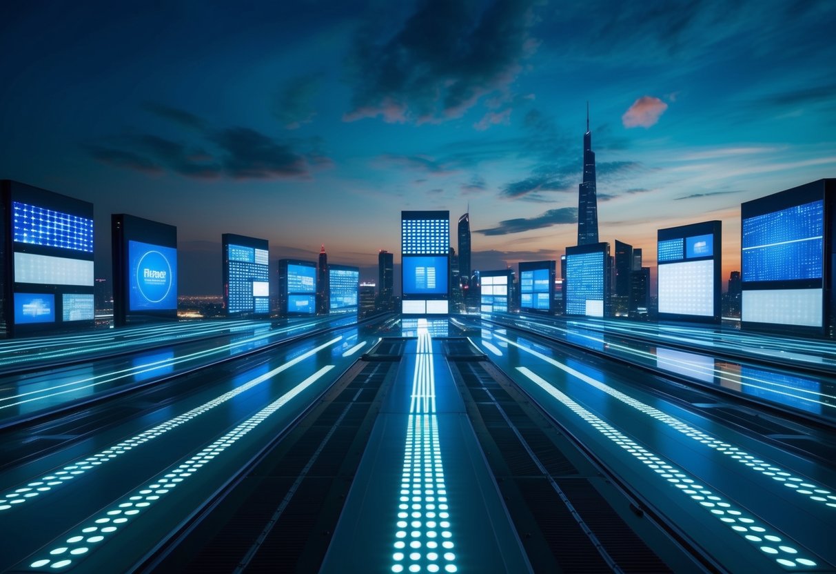 A futuristic cityscape with LED lights evolving from panels to dynamic displays, showcasing the advancement of technology