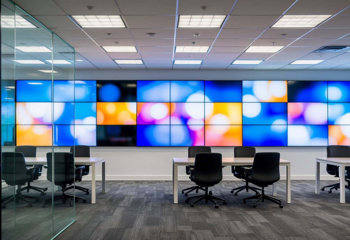 A modern office space with LED displays replacing traditional panels, showing vibrant and crisp visuals