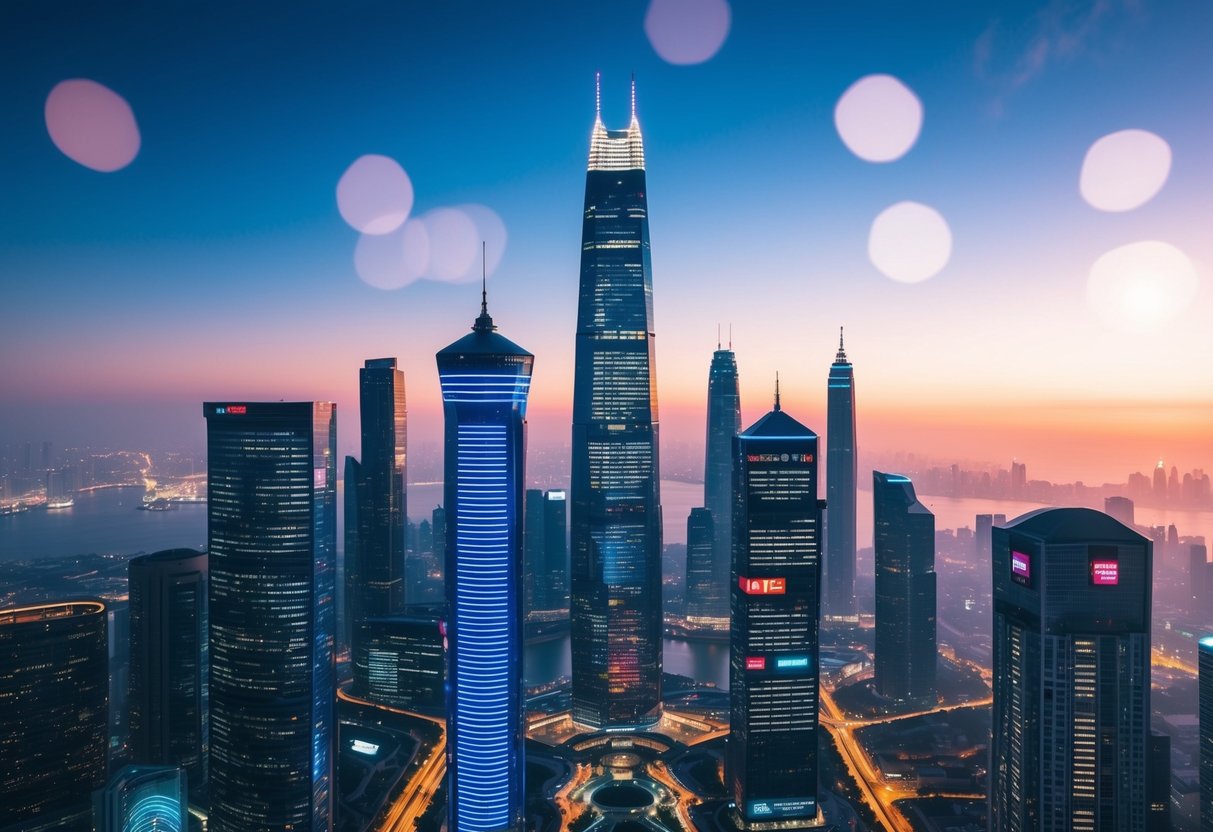 A futuristic city skyline with LED displays replacing traditional panels on buildings