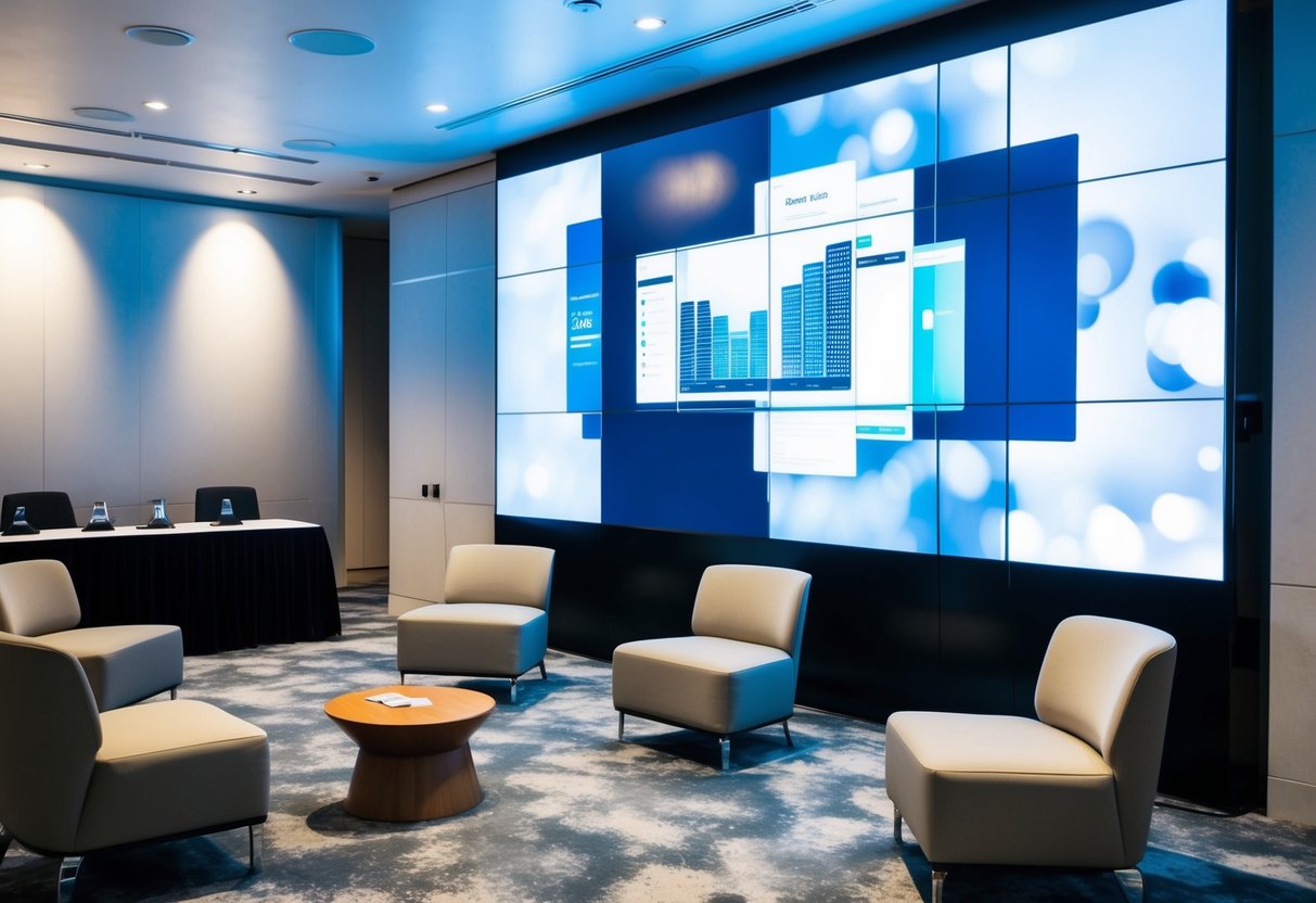 A sleek, modern conference room with a large LED display dominating one wall, surrounded by comfortable seating and high-tech presentation equipment