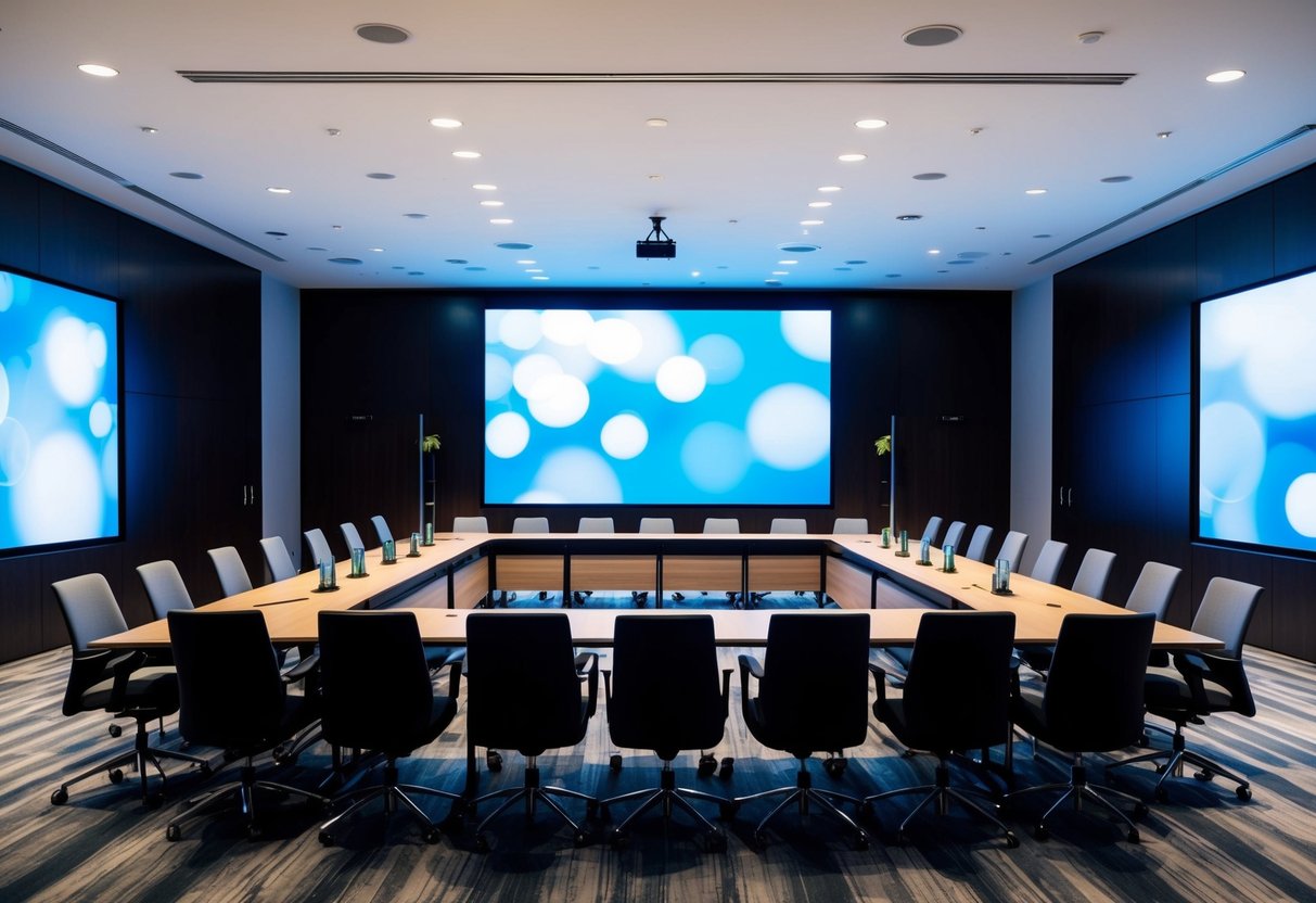 A spacious conference room with a large LED display dominating the wall, surrounded by modern furniture and ample seating for a large group