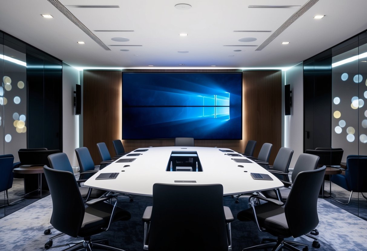 A sleek, modern conference room with a large all-in-one LED display dominating one wall, surrounded by stylish furniture and high-tech equipment