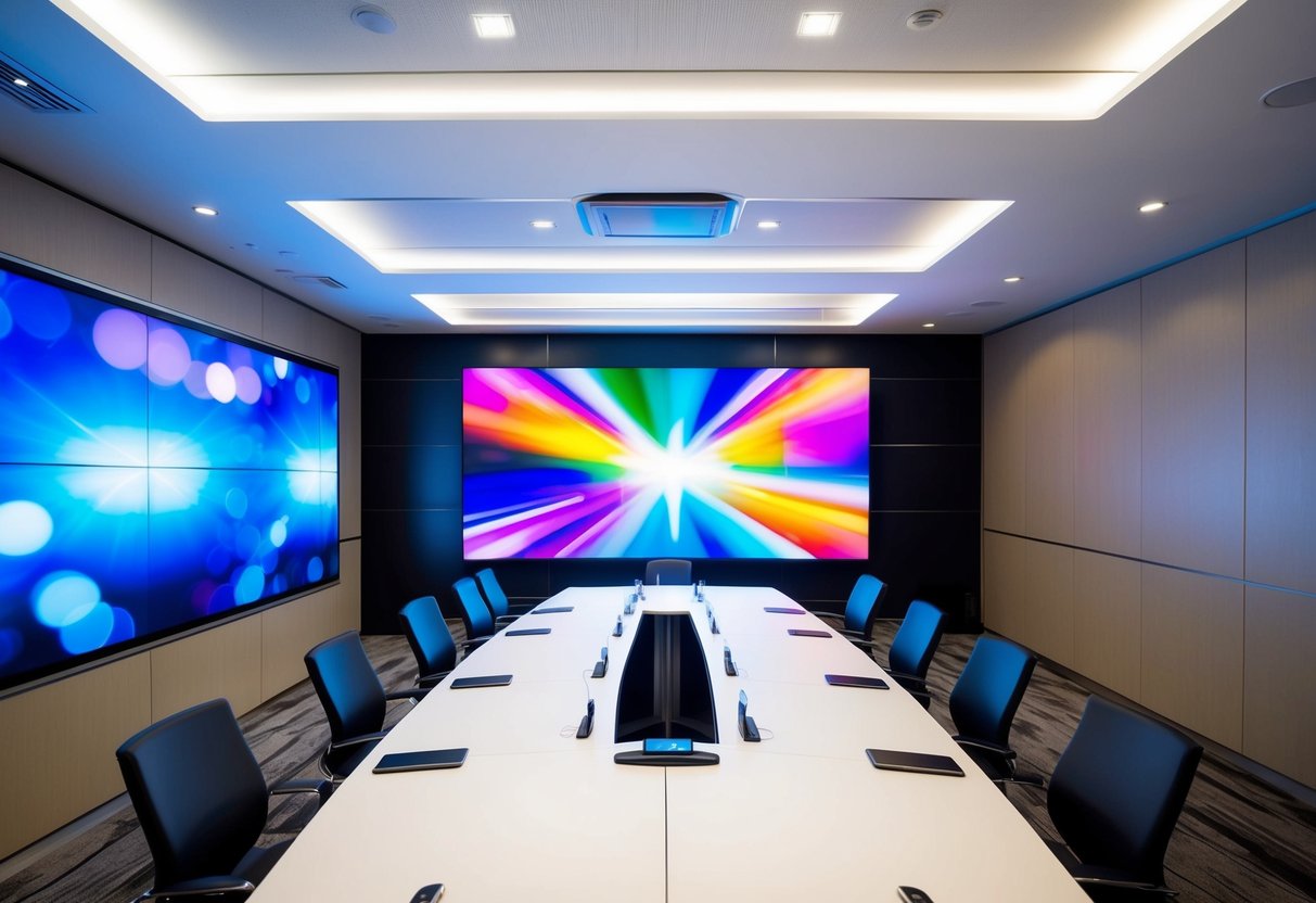 A conference room with sleek, modern design features a large LED display dominating one wall, showcasing vibrant, dynamic visuals