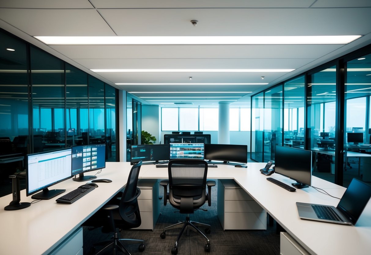A modern office with seamless AV system integration, showcasing a sleek design and efficient workflow