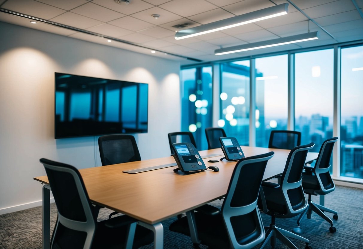 An office space with seamless integration of audiovisual equipment, creating a modern and efficient work environment