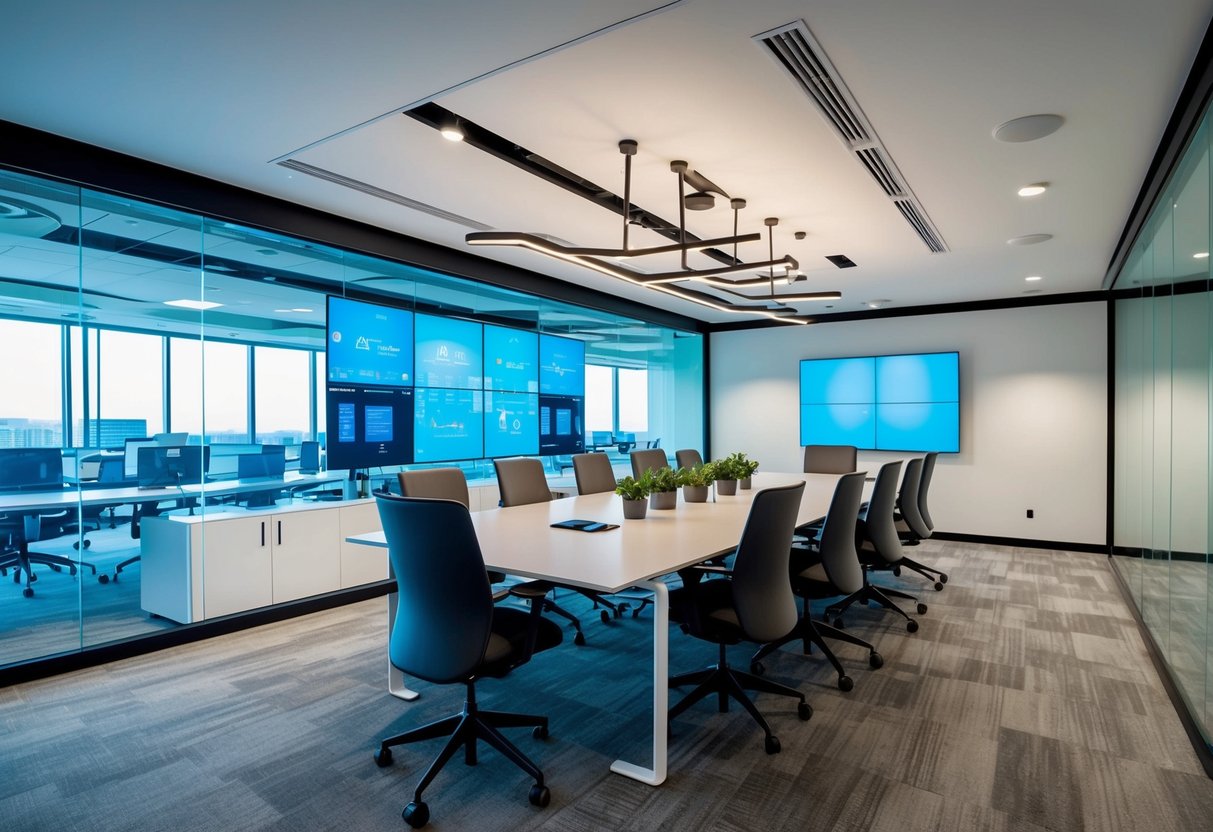 A modern office space with seamless AV integration: interactive displays, video conferencing, and automated control systems creating a dynamic and efficient work environment