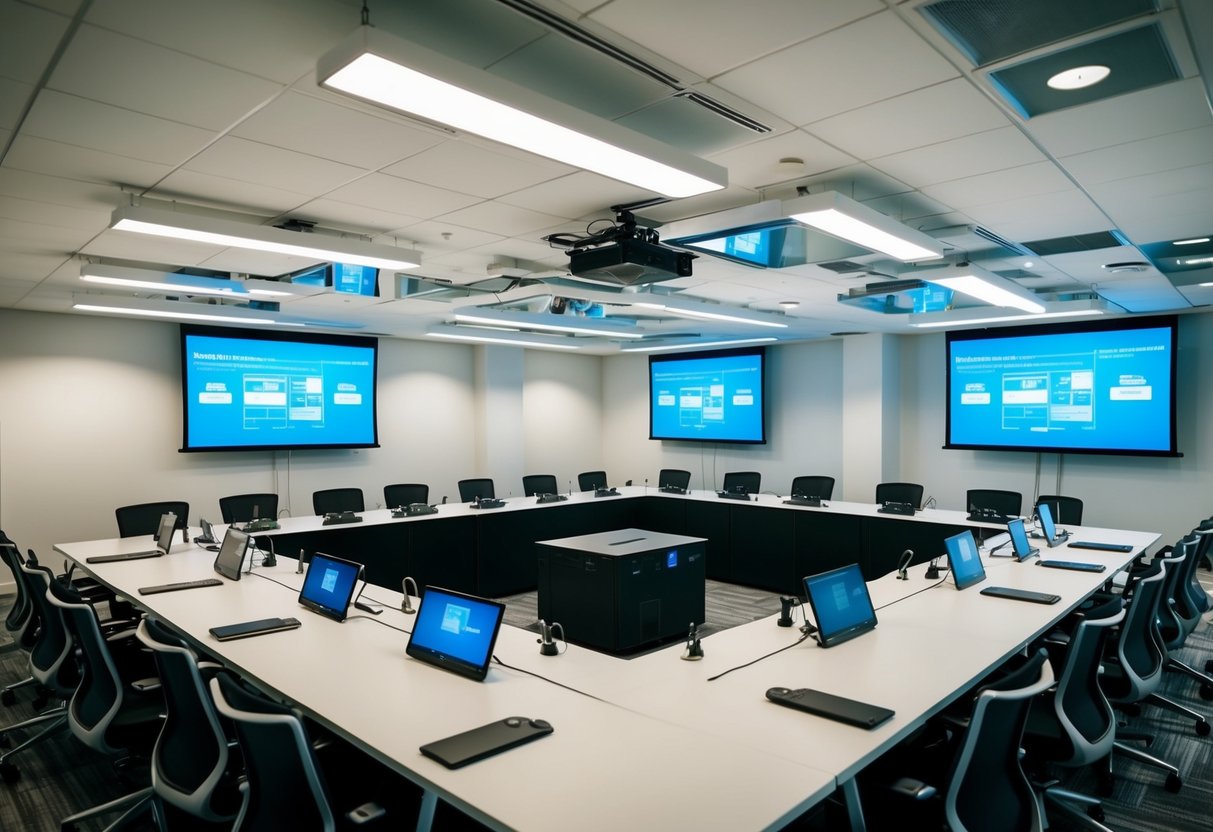 A modern office space with integrated AV systems, including screens, projectors, and sound equipment seamlessly connected for efficient and engaging meetings