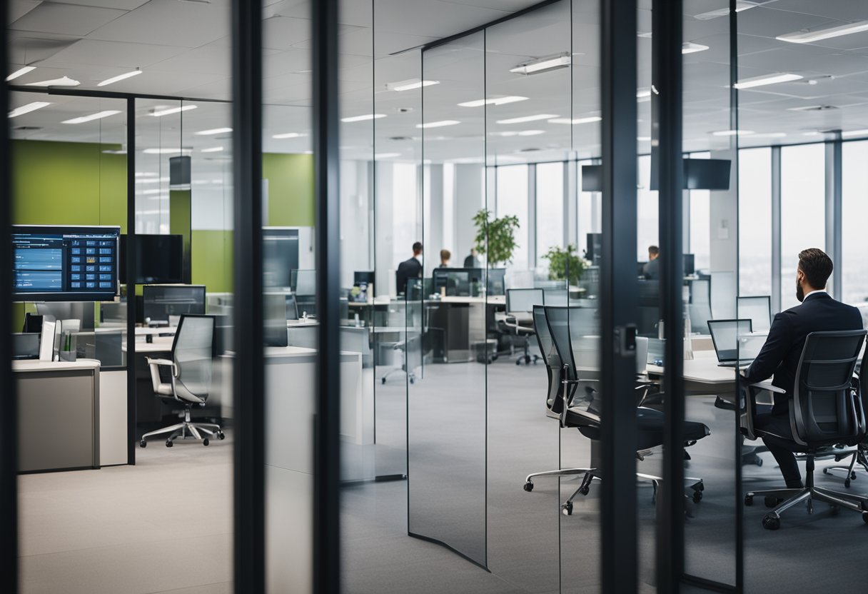 A busy office with multiple meeting rooms, each equipped with a digital scheduling display outside the door. Employees seamlessly book and manage meetings using the room scheduling system