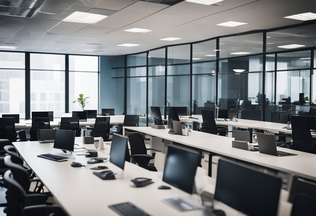 A busy office with multiple meeting rooms, each equipped with a digital room scheduling system displaying availability and upcoming bookings