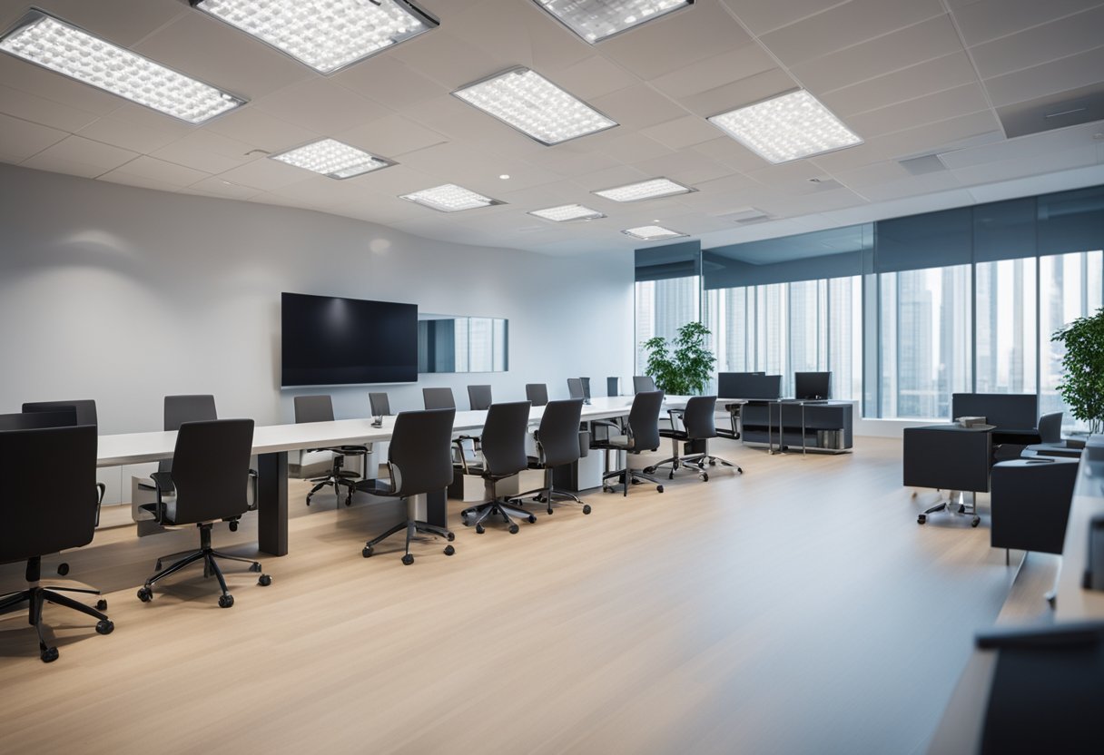 An office room with a digital scheduling display showing availability and bookings for different meeting rooms, with employees efficiently managing their meetings