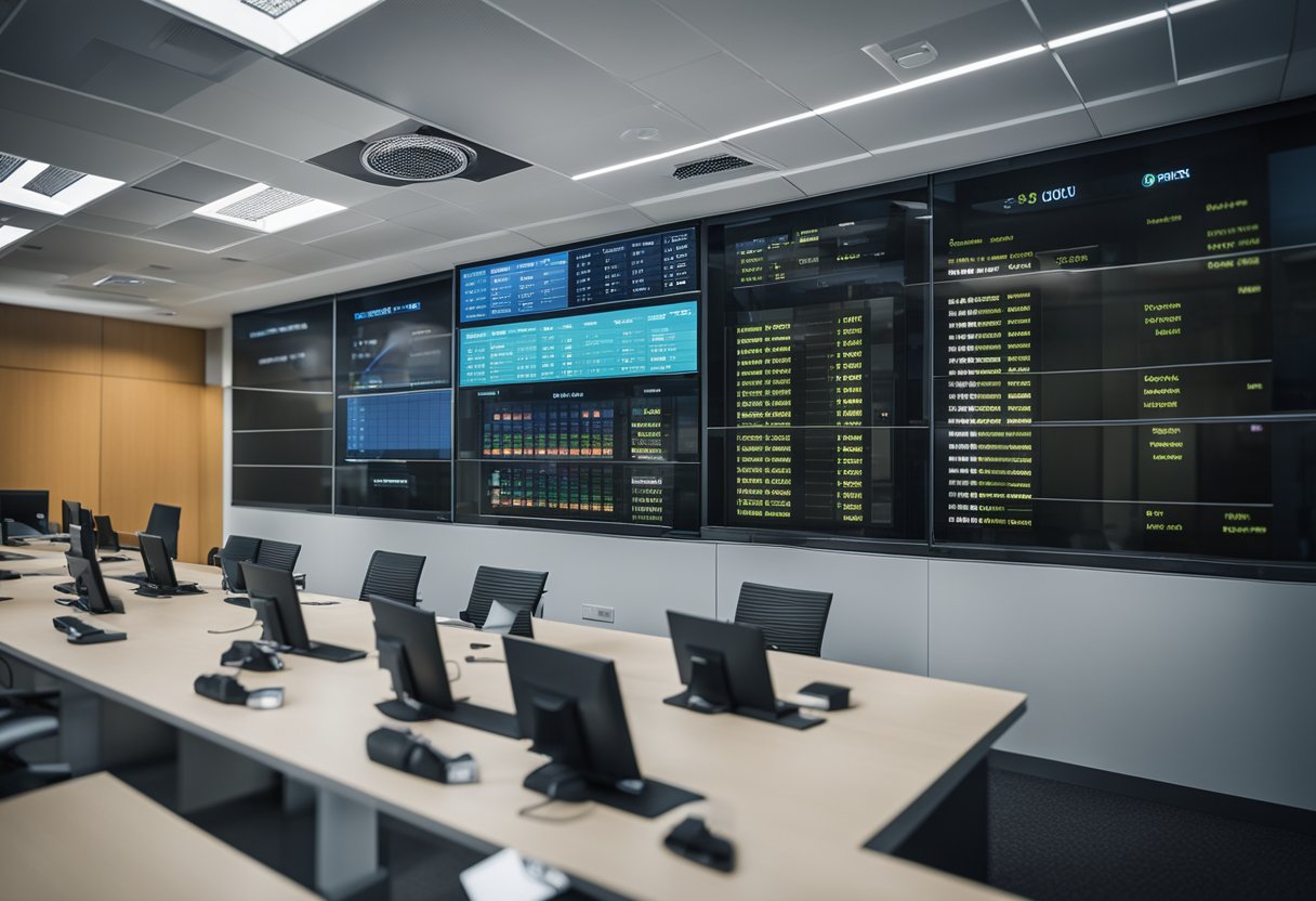 An office room scheduling system displayed on a digital screen, with various meeting rooms and their availability shown in real-time