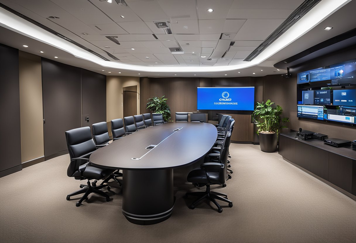 A sleek, modern conference room with a sleek, modern conference table, surrounded by state-of-the-art audio equipment, including the Clearone BMA360DX microphone array