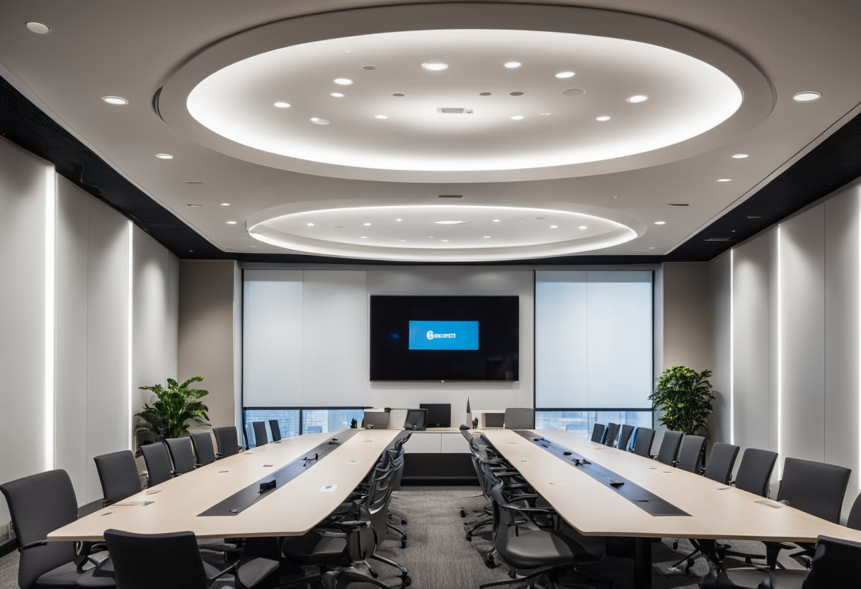 A sleek, modern conference room with a Clearone BMA360DX microphone array mounted on the ceiling, capturing sound from all directions