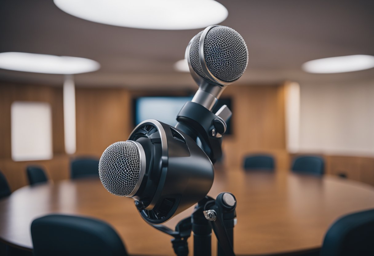 A sleek, futuristic microphone array suspended in a modern conference room, capturing sound from all directions