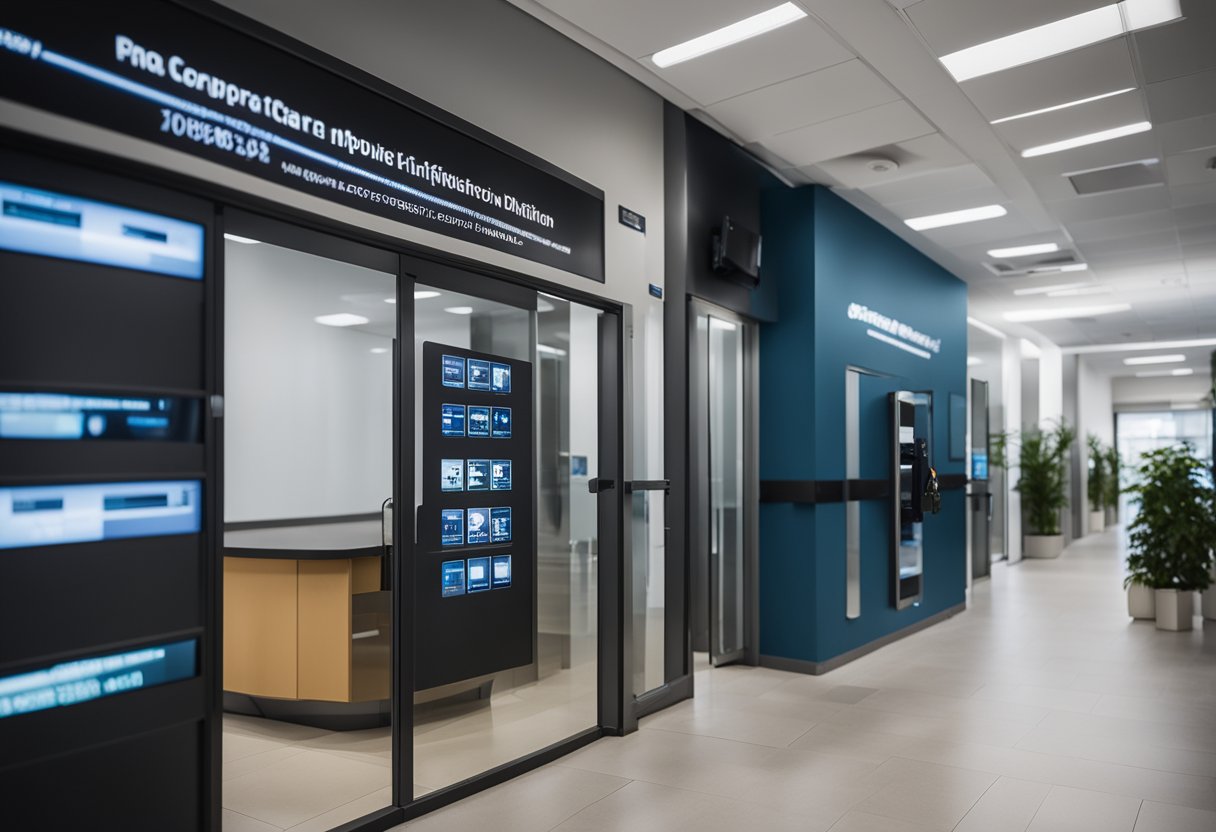 A corporate office with keycard entry, biometric scanners, and CCTV cameras covering every entrance and hallway