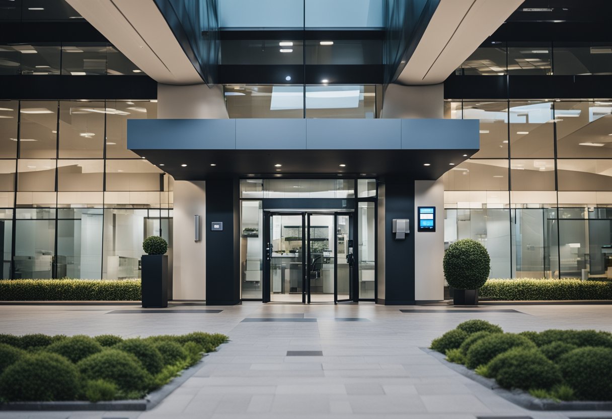 An office building with keycard entry, security cameras, and biometric scanners at the entrance