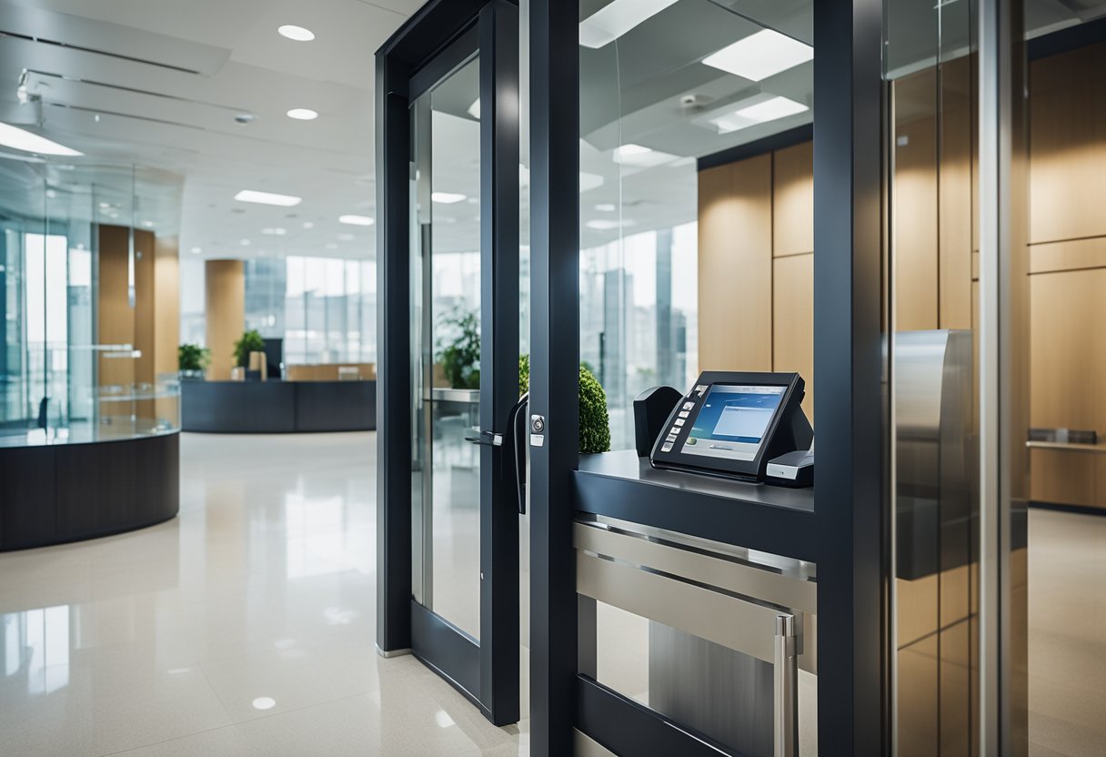 A corporate office lobby with biometric access control, CCTV cameras, and electronic keycard readers at the entrance