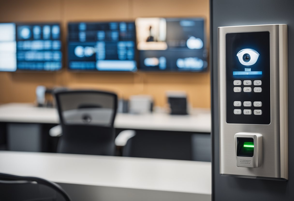 A corporate office with advanced access control and surveillance systems, including keycard entry, security cameras, and motion sensors