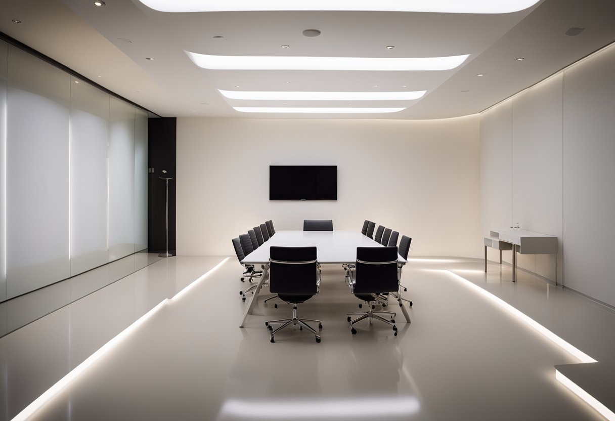A bright, evenly lit room with the Planar DirectLight Ultra Series P0.6 mounted on the ceiling, casting a soft, uniform glow across the space