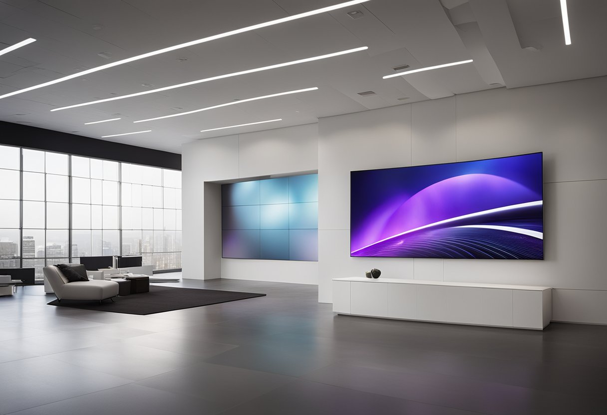 A sleek and modern Planar DirectLight Ultra Series P0.6 LED display mounted on a wall, emitting vibrant and high-resolution visuals in a well-lit room
