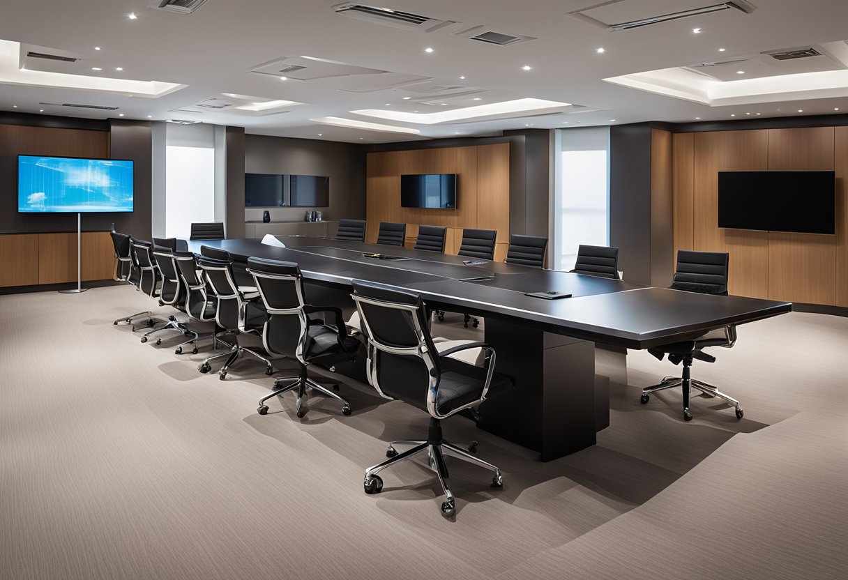 A sleek, modern conference room with a large display screen and a central control panel on the table. Various audiovisual equipment is neatly arranged around the room