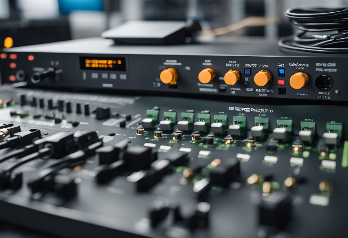 A close-up of the Extron UC 303 device with various ports and connectors, surrounded by technical equipment and cables