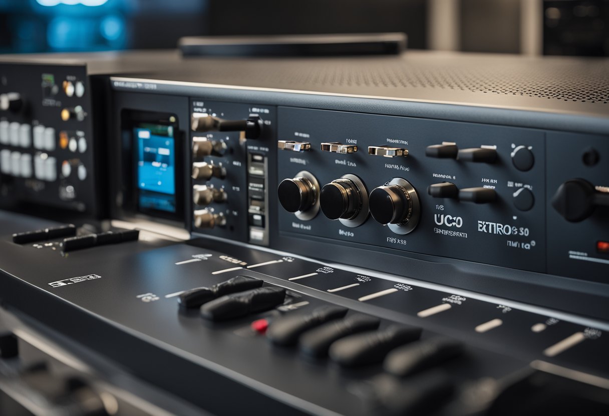 A close-up of the Extron UC 303 unit with various ports and connectors, surrounded by cables and other audiovisual equipment