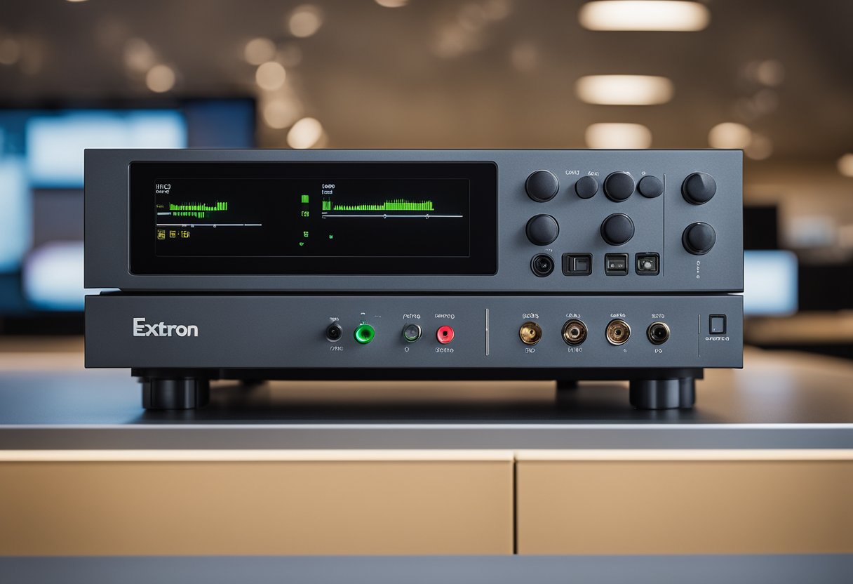 A close-up of the Extron UC 303 unit with various ports and buttons, set against a clean and modern backdrop