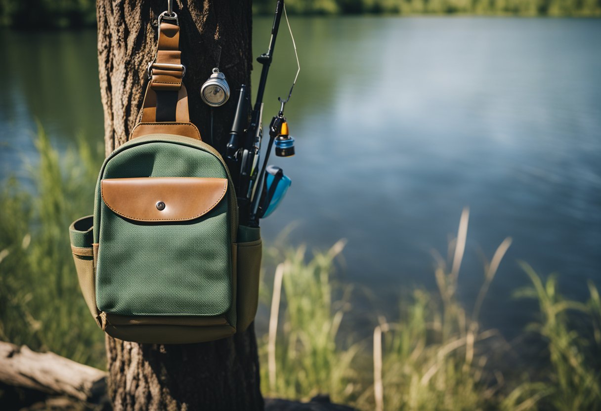 A fishing sling bag hangs from a tree branch, surrounded by fishing gear and a tranquil river