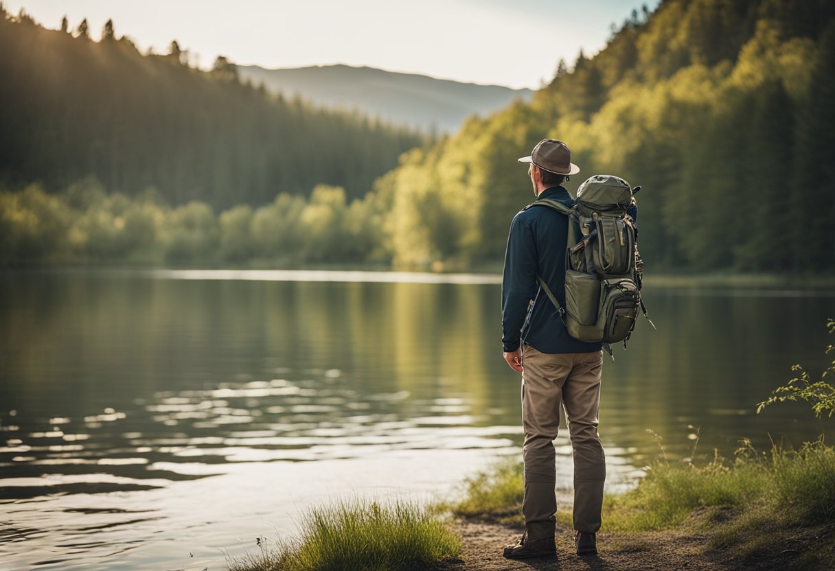A person standing by the river, wearing a breathable fishing sling bag, with a bass fishing sling bag and fly fishing sling pack beside them