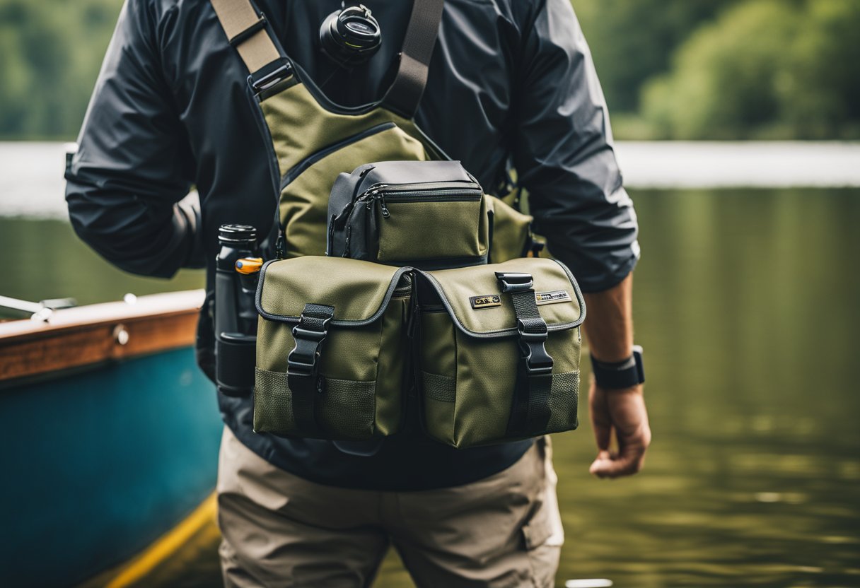 A fisherman wearing a practical, breathable sling bag customized for bass and fly fishing, with various accessories attached