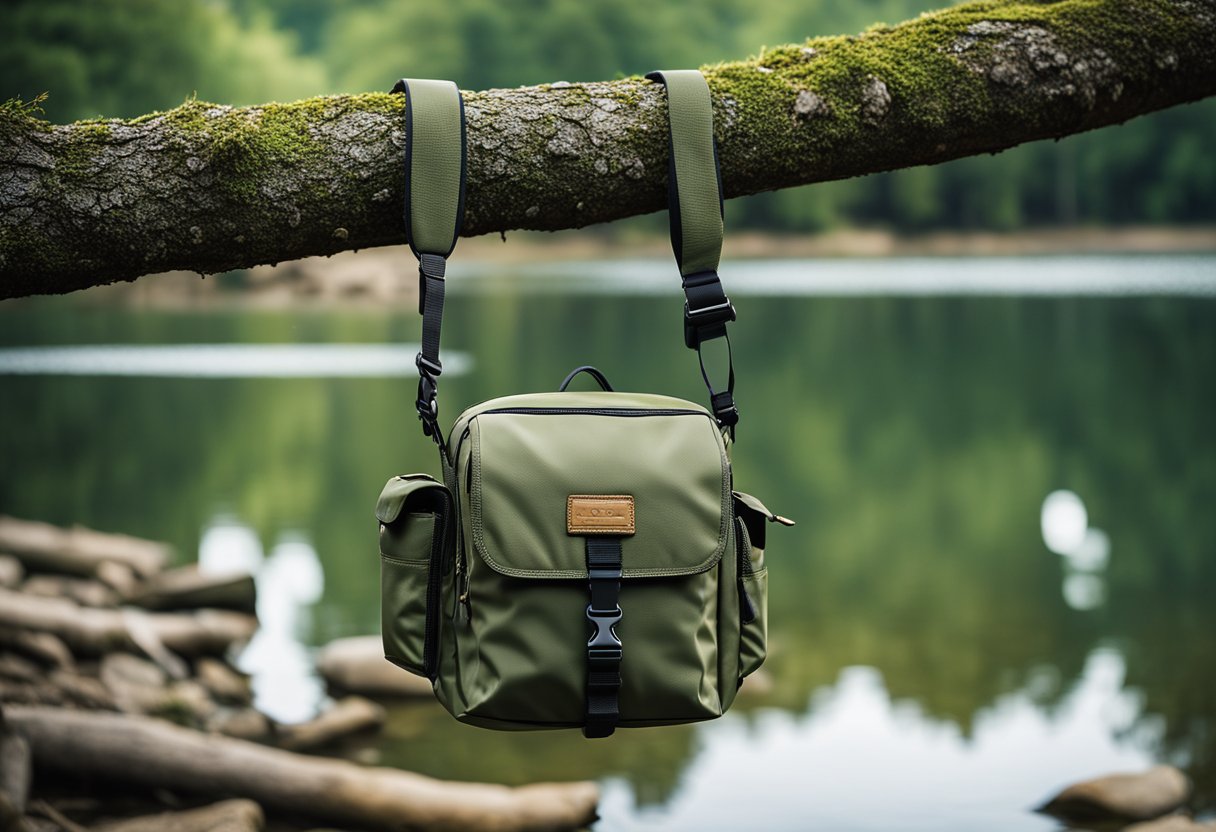 A compact, waterproof fishing sling bag hangs from a tree branch near a tranquil river. The lightweight angler backpack is ready for a day of fishing