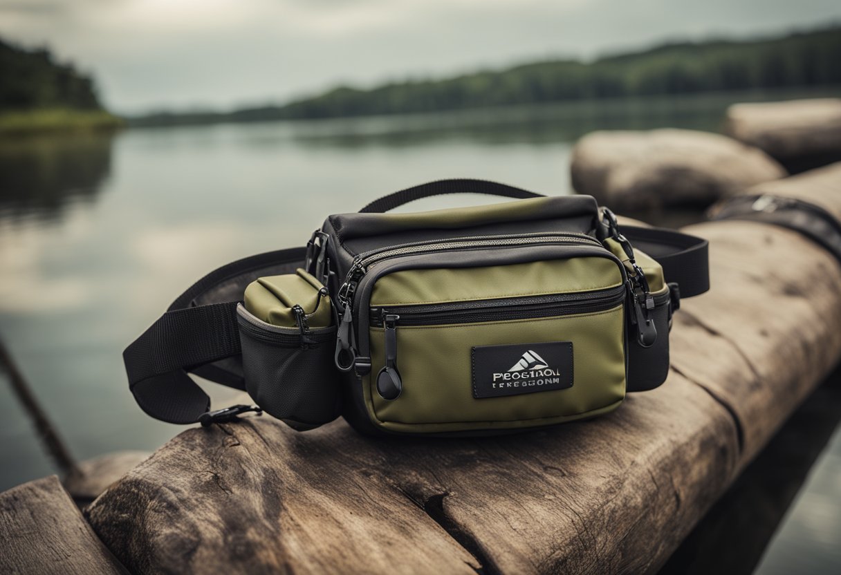 A waterproof fishing waist bag with tackle, compact and lightweight, hanging from a fishing rod by the water's edge