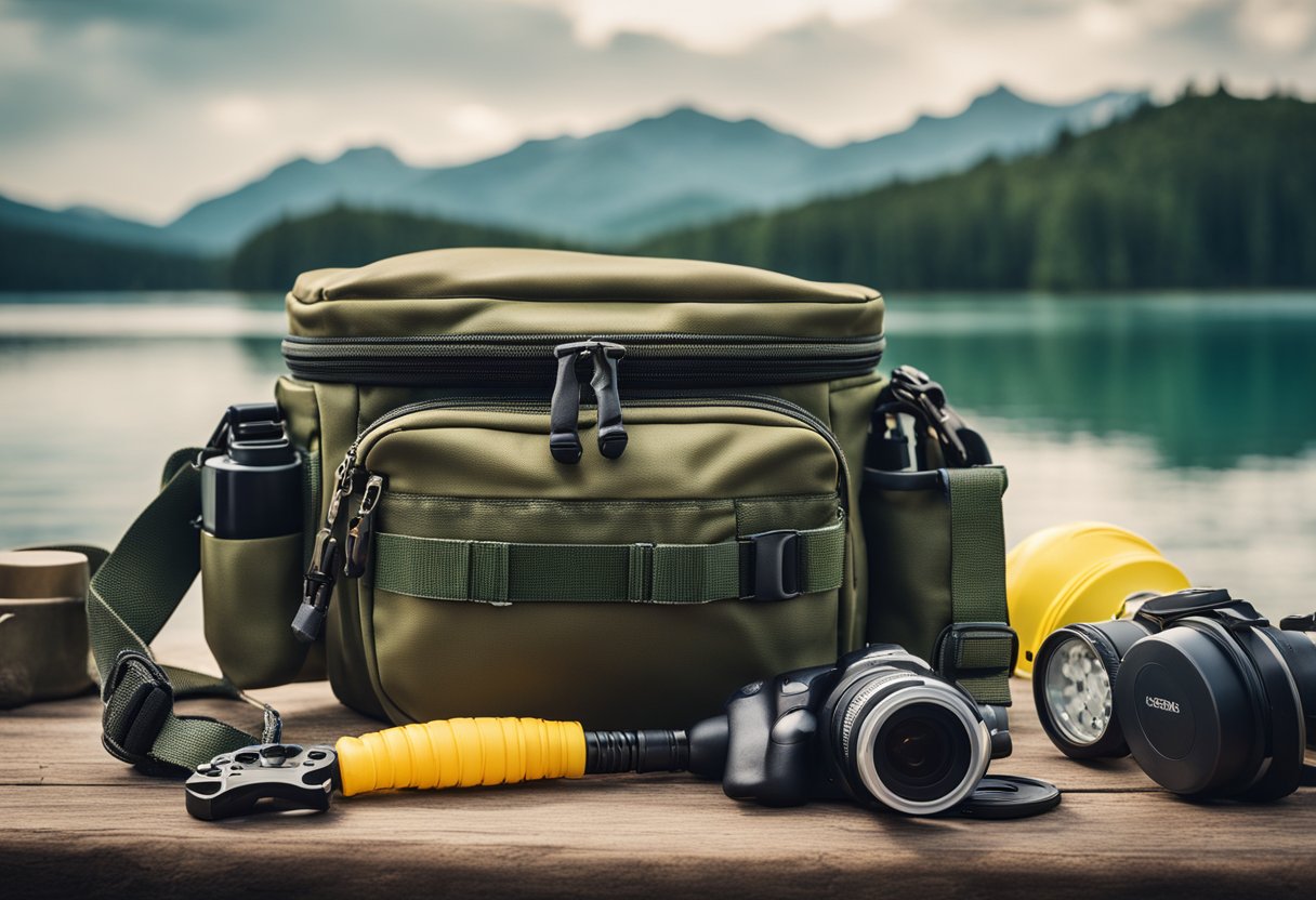 A fishing waist bag surrounded by various fishing gear and accessories, with a serene lake in the background