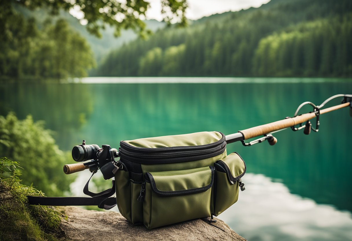 A fisherman's waist bag with multiple pockets and a rod holder, made of durable material, set against a backdrop of a serene lake and lush greenery