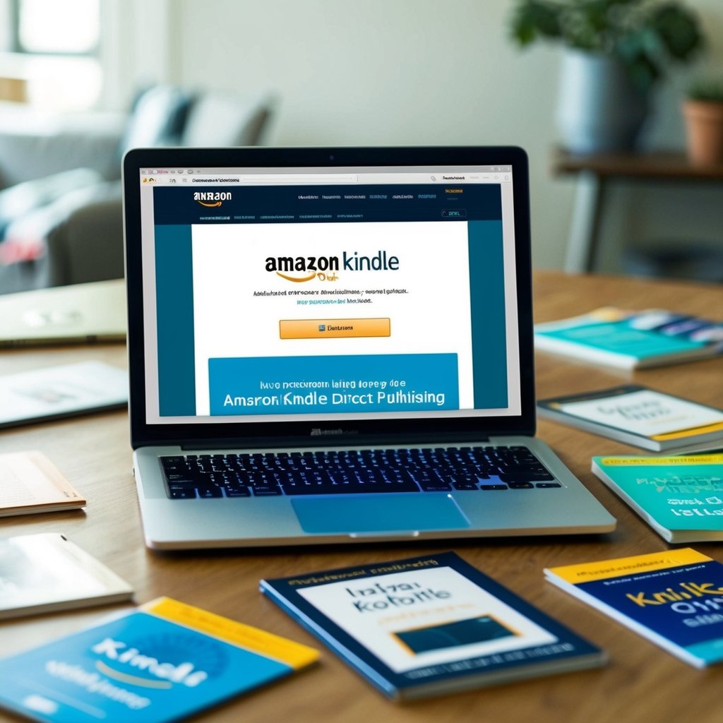 A laptop displaying the Amazon Kindle Direct Publishing website with various book covers and marketing materials scattered around