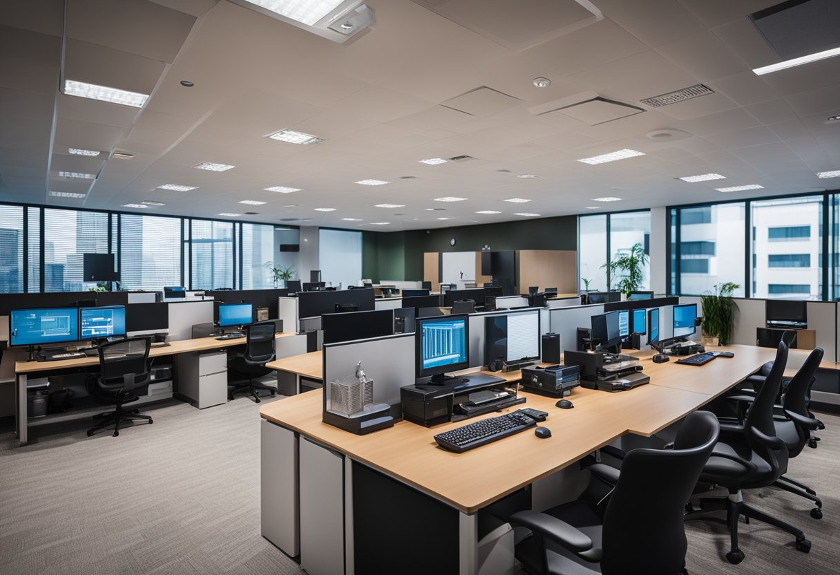 Sebuah kantor yang terorganisir dengan baik dengan peralatan audio visual yang ditempatkan secara strategis untuk meningkatkan produktivitas