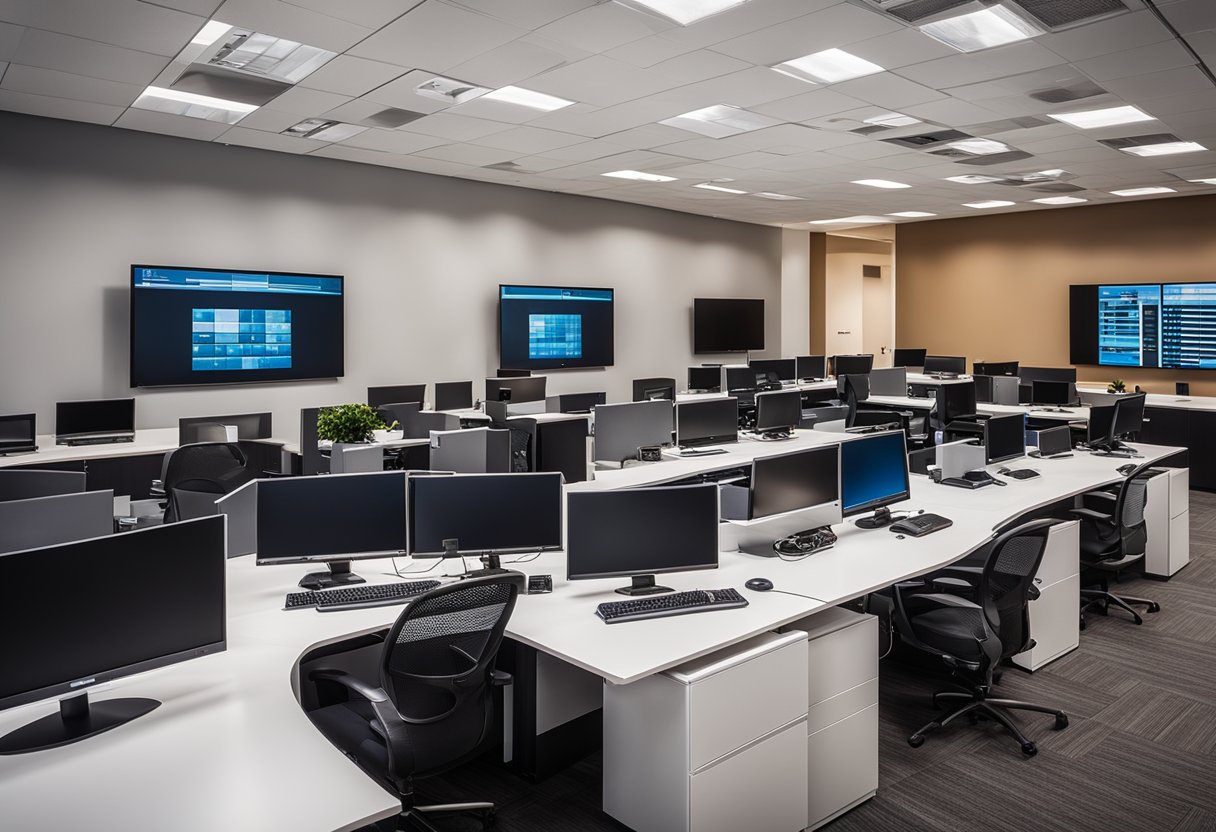 Ruang kantor yang terorganisir dengan baik dengan sistem audio visual terintegrasi, termasuk proyektor, layar, dan speaker yang ditempatkan secara strategis untuk produktivitas yang optimal