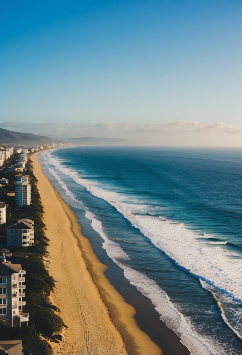 10 Best Beaches in Los Angeles: Your Guide to Sun, Sand, and Surf 2 The golden sand of Carbon Beach stretches along the sparkling blue waters of the Pacific Ocean, with luxurious beachfront properties lining the shore