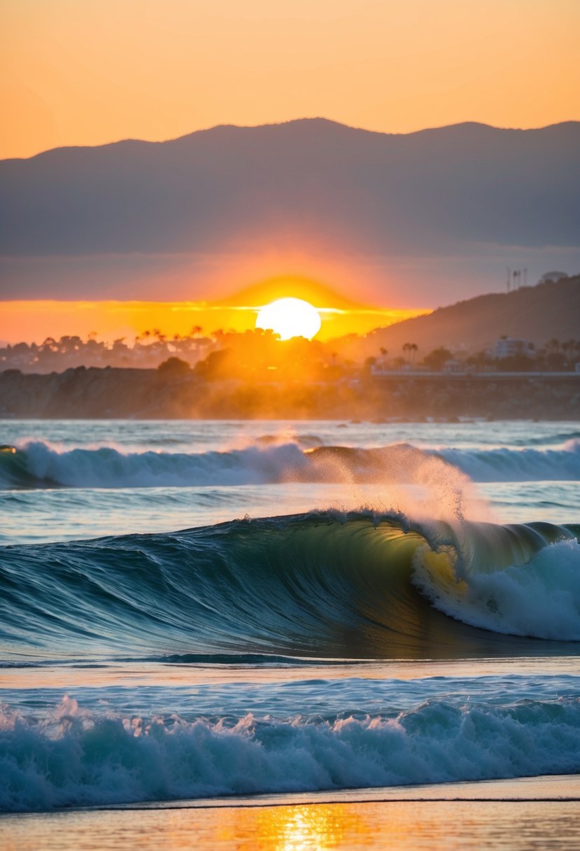 10 Best Beaches in Los Angeles: Your Guide to Sun, Sand, and Surf 6 The sun sets over Topanga Beach, casting a warm glow on the golden sand and crashing waves, with the Santa Monica Mountains in the distance